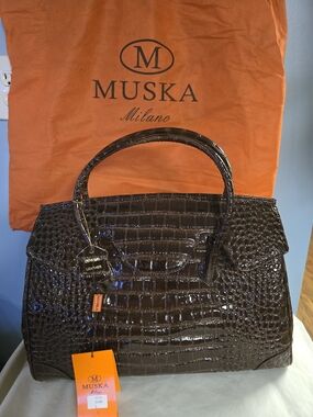 Croc-Embossed Satchel in Dark Brown